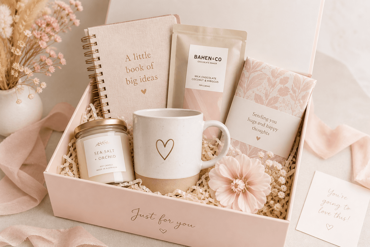 A pastel gift box filled with thoughtful gifts