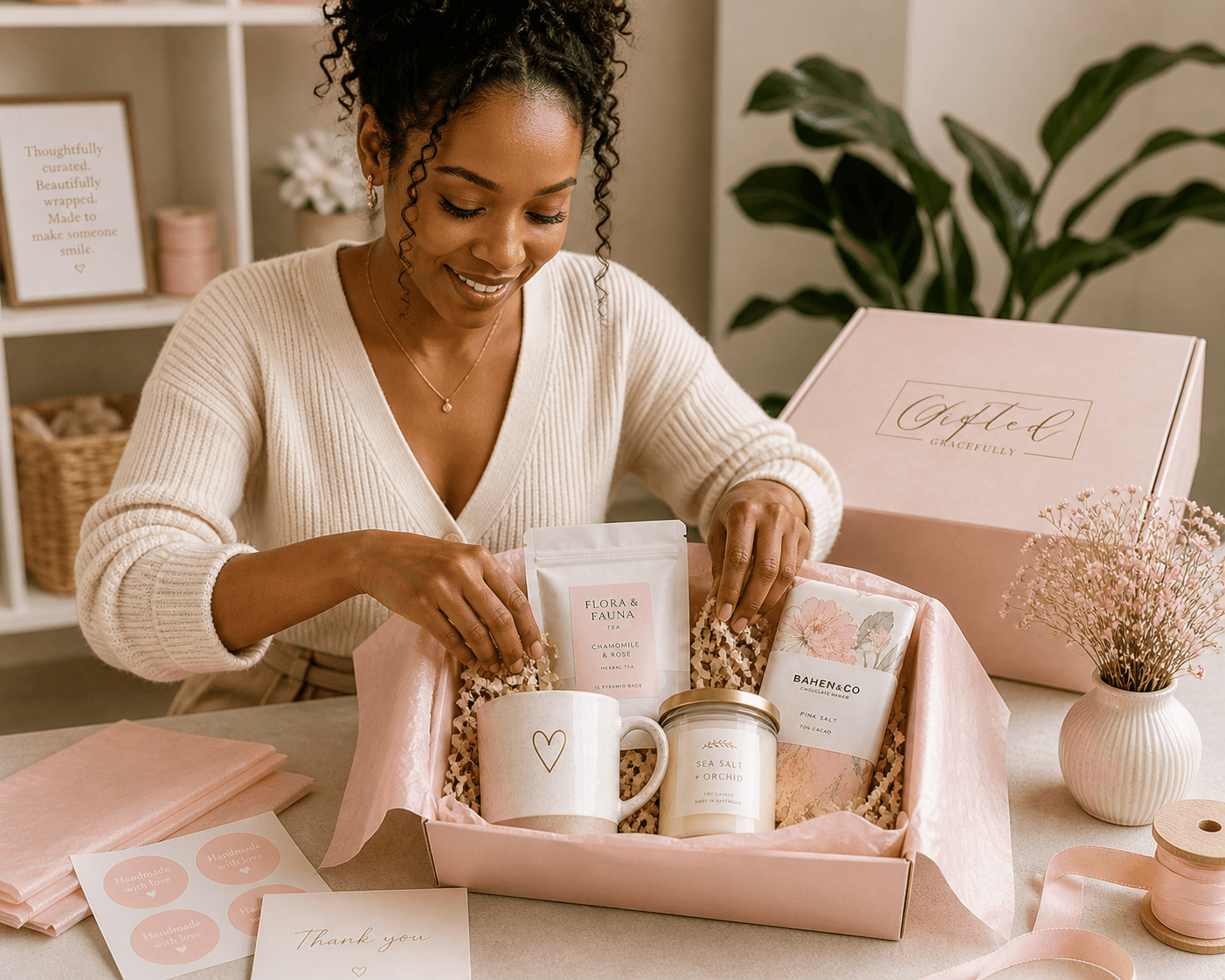 A gift box being carefully packed