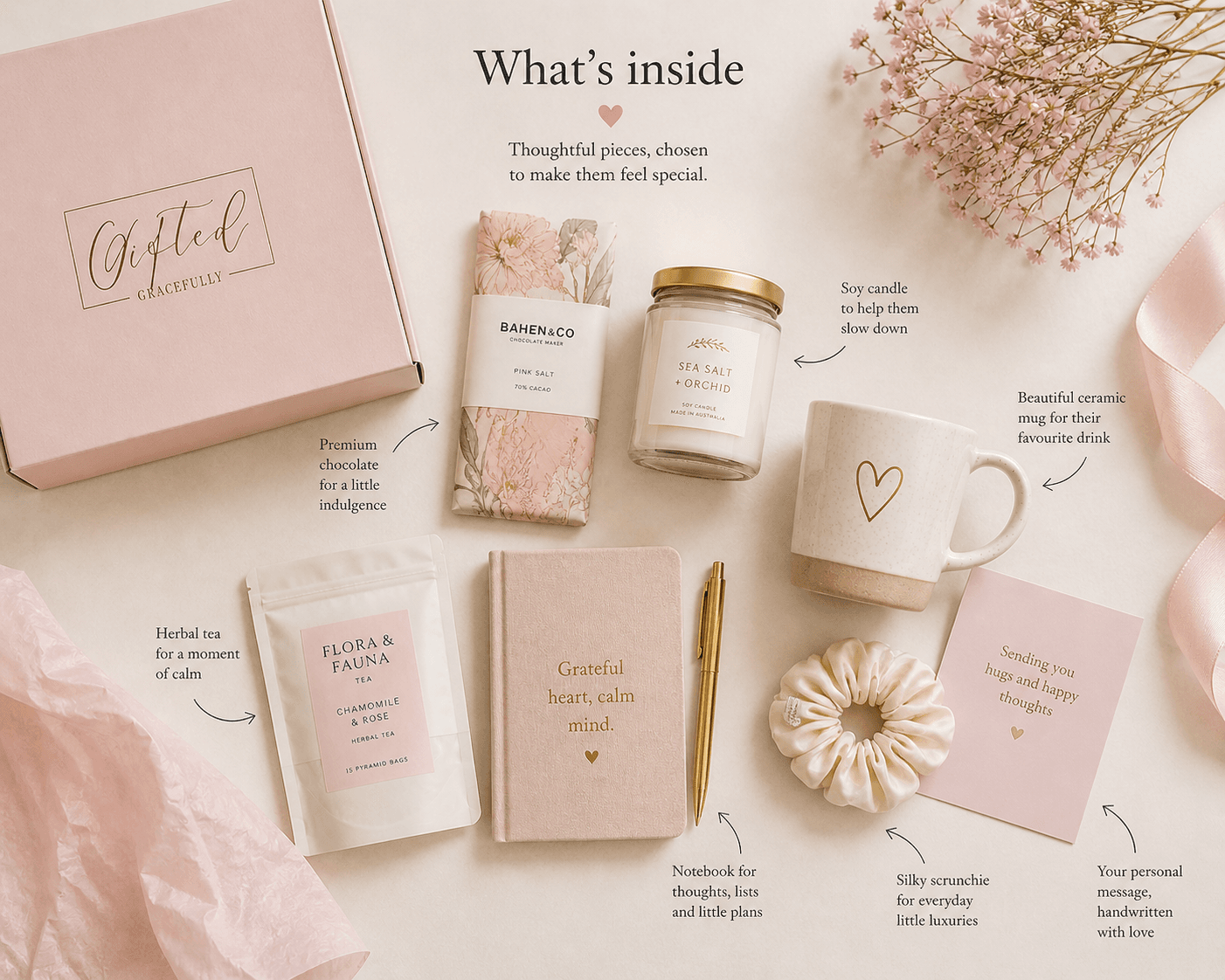 A styled overview showing what is inside a gift box
